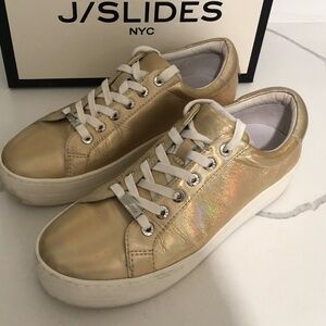 J Slides Gold Metallic lace up Platform sneakers